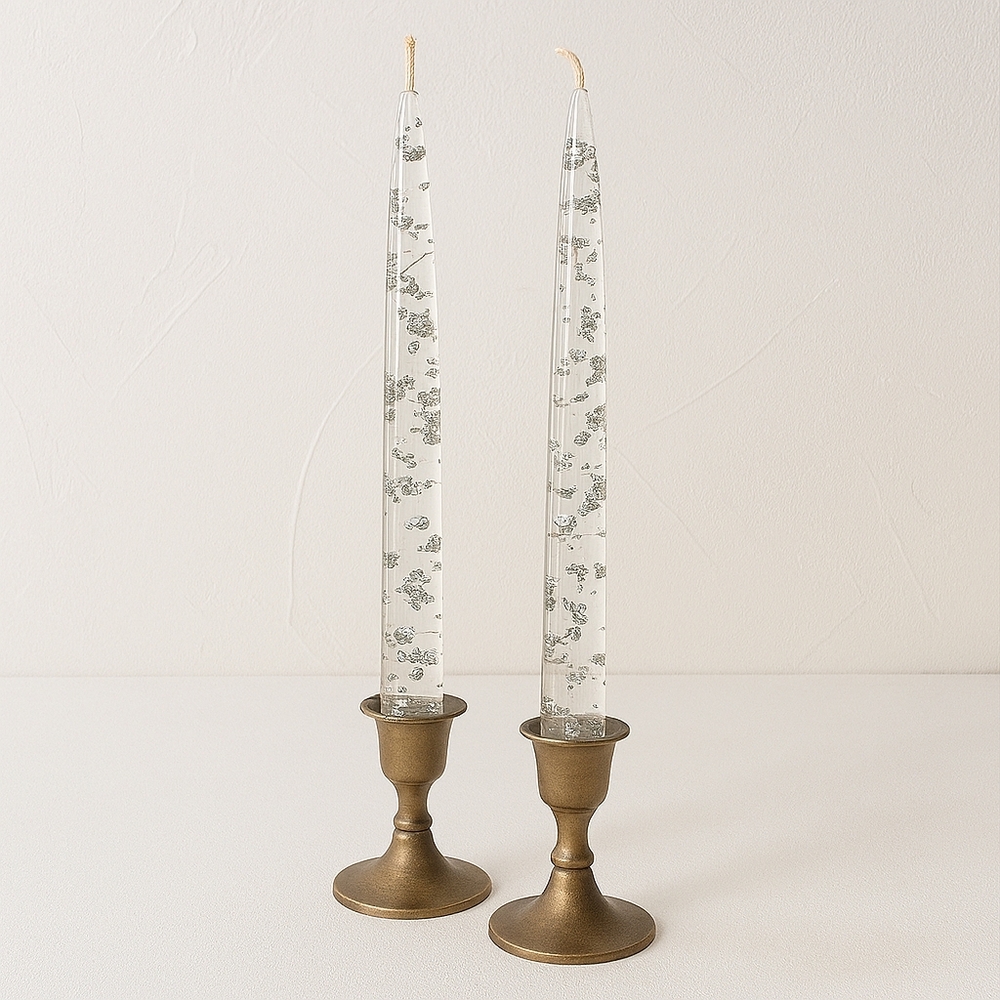 Vintage Hempstead Originals Lucite Taper Candles Silver Foil Pair